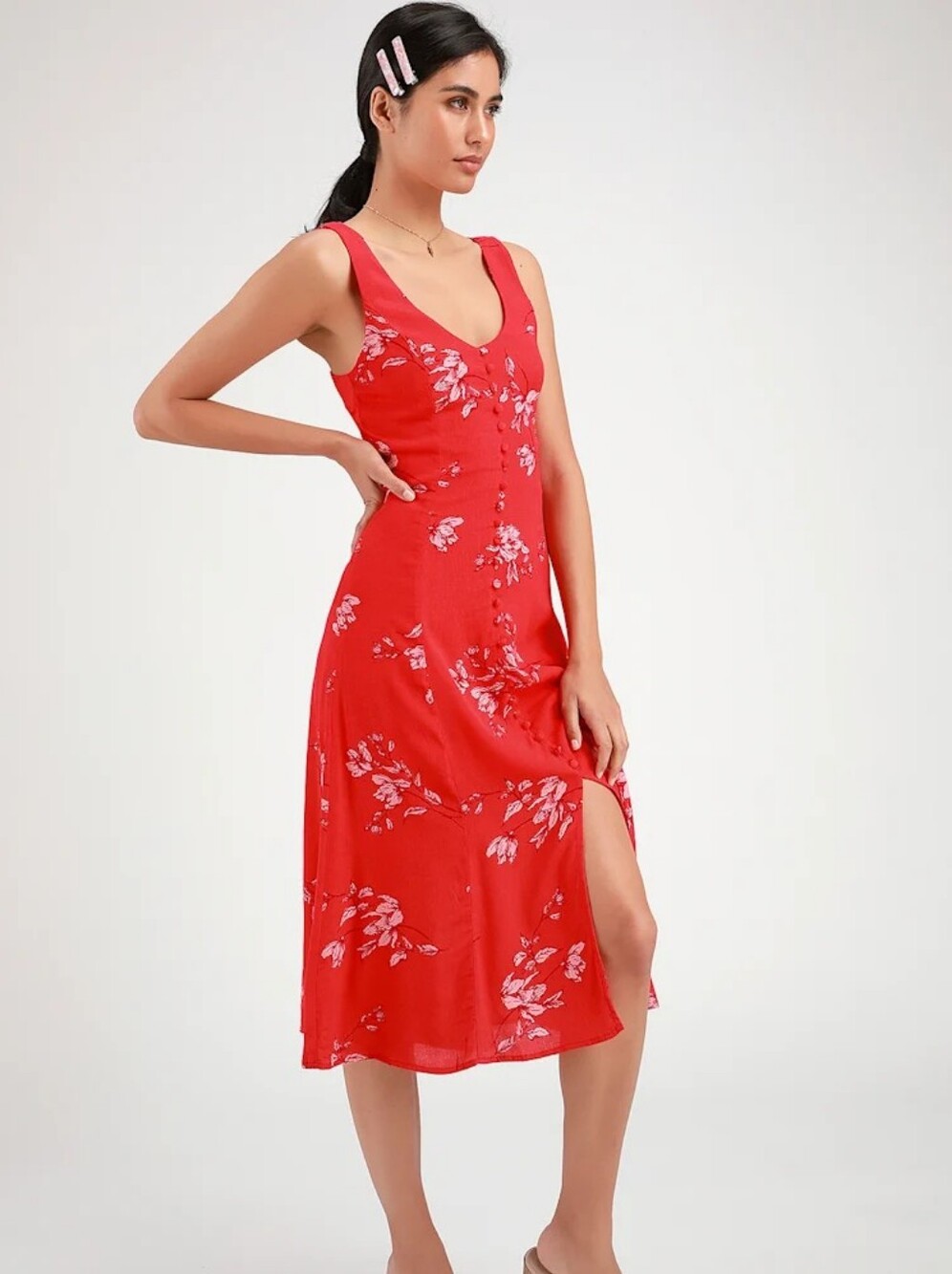 Lulus Floral Button front Sundress Red Size L